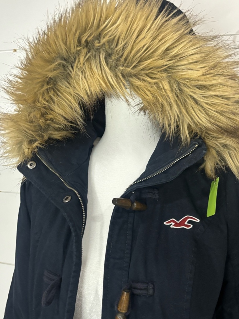 Vintage Hollister Y2K Black Toggle Duffle Coat - Faux Fur Hood - Size Medium